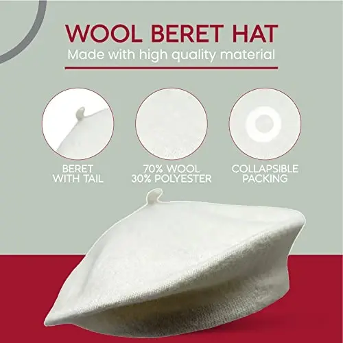 French Wool Beret Hat - Classic Stretchable - One Size Fits Most - Solid Color - Stylish Chic Parisian - 5