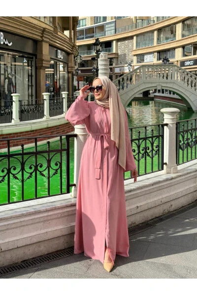 FRC001 Gizli Fermuarlı Cepli İşlemeli Kuşaklı Ferace-Pudra - Hasenna