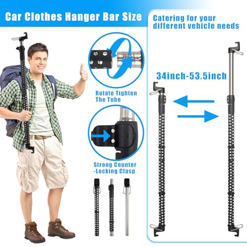 Frebuta Car Clothes Hanger Bar,34 to 53.5In Car Clothing Hanger Bar Telescopic Extension Pole with Rubber Non-Slip Sleeve Stainless Steel Tube for Travle SUV Trucks Car Clothes Rack Hanger Bar - 2