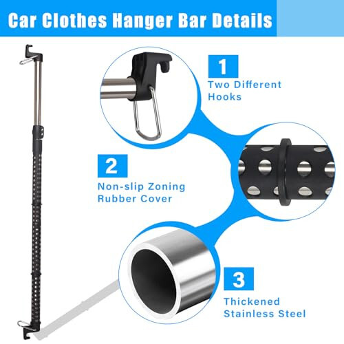 Frebuta Car Clothes Hanger Bar,34 to 53.5In Car Clothing Hanger Bar Telescopic Extension Pole with Rubber Non-Slip Sleeve Stainless Steel Tube for Travle SUV Trucks Car Clothes Rack Hanger Bar - 3