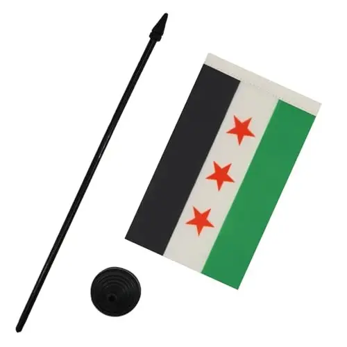 Free Syrian Army Table Flag 4'' x 6'' - Army of Syria Desk Flag 15 x 10 cm. - Black plastic stick and base - AZ FLAG - 3