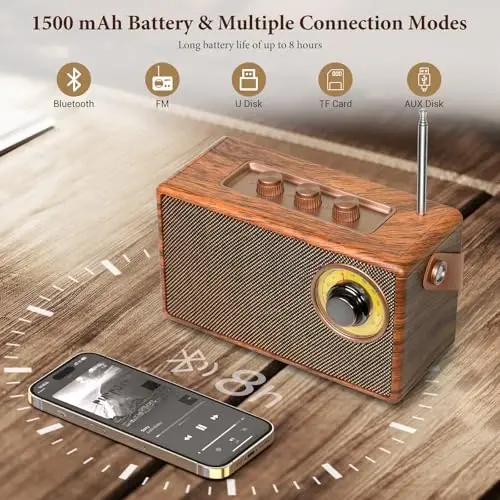 FREEFISH Portable Retro Speaker Bluetooth Radio Vintage Decor with FM Radio Rich Bass Bluetooth Speakers 5.3 Wireless Connection,TF Card, AUX for Home Office Bedroom - 5