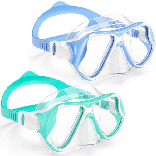 Freela 2 Pack Kids Swim Goggles Diving Mask for Youth 3-14, Tempered Glass Lens 180° HD View with Nose Cover for Pool Beach - 1