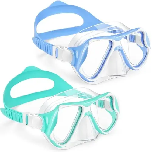 Freela 2 Pack Kids Swim Goggles Diving Mask for Youth 3-14, Tempered Glass Lens 180° HD View with Nose Cover for Pool Beach - 1