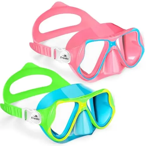 Freela 2 Pack Kids Swim Goggles Mask for Boys Girls 3-14, Tempered Glass Lens 180° HD View with Nose Cover for Pool Beach 
