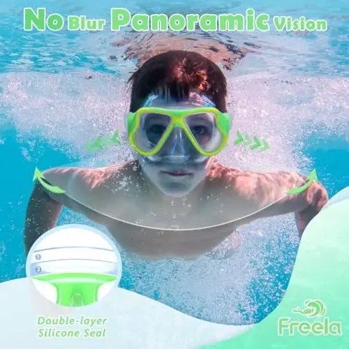 Freela 2 Pack Kids Swim Ko'zoynak Maskasi O'g'il Bolalar Qizlar uchun 3-14, Tempered Shisha Linzalari 180° HD Ko'rinish Burun Qopqog'i bilan Hovuz Plaji uchun - 5