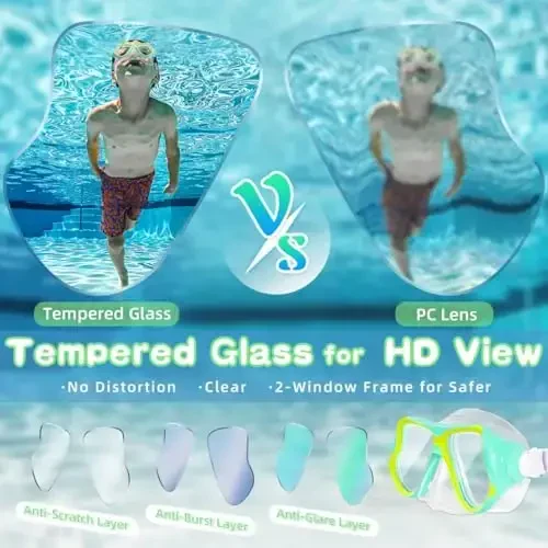 Freela 2 Pack Kids Swim Ko'zoynak Maskasi O'g'il Bolalar Qizlar uchun 3-14, Tempered Shisha Linzalari 180° HD Ko'rinish Burun Qopqog'i bilan Hovuz Plaji uchun - 4