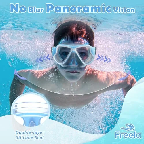 Freela 2 Pack Kids Swim Goggles Mask for Boys Girls 3-14, Tempered Glass Lens 180° HD View with Nose Cover for Pool Beach - Freela