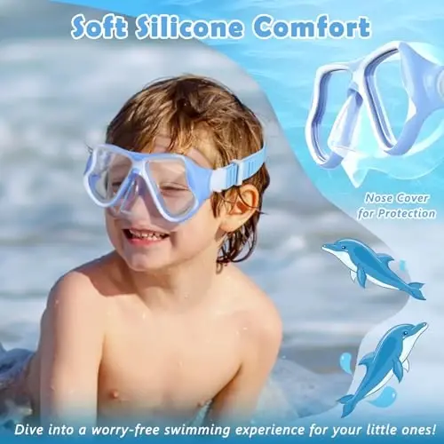 Freela 2 Pack Kids Swim Goggles Mask for Boys Girls 3-14, Tempered Glass Lens 180° HD View with Nose Cover for Pool Beach - 6