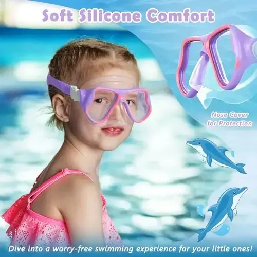 Freela 2 Pack Kids Swim Goggles Mask for Boys Girls 3-14, Tempered Glass Lens 180° HD View with Nose Cover for Pool Beach - 6