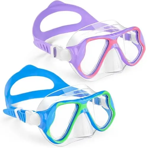 Freela 2 Pack Kids Swim Goggles Mask for Boys Girls 3-14, Tempered Glass Lens 180° HD View with Nose Cover for Pool Beach - 1