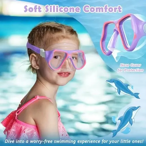 Freela 2 Pack Kids Swim Goggles Mask for Boys Girls 3-14, Tempered Glass Lens 180° HD View with Nose Cover for Pool Beach - 6