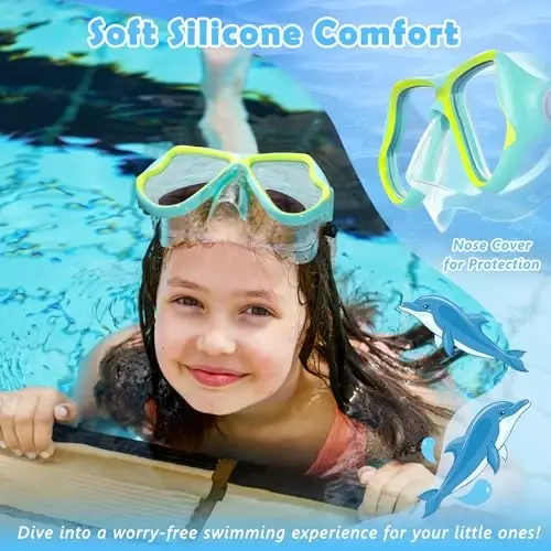 Freela 2 Pack Kids Swim Goggles Mask for Boys Girls 3-14, Tempered Glass Lens 180° HD View with Nose Cover for Pool Beach - FREELA (1)