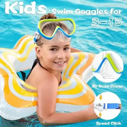 Freela Kids Swimming Goggles for 4-16 with Nose Cover, Anti-Fog No Leakage Swim Mask 180° Clear Vision Beach Pool Goggles - 4
