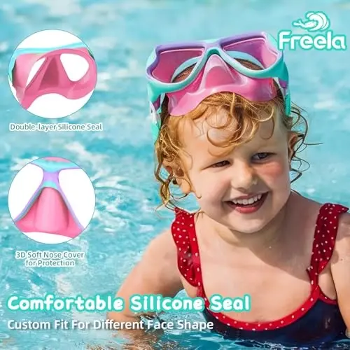 Freela Kids Swim Goggles Mask Tempered Glass Lens 180° View with Nose Cover | For 3‑14, 2‑Pack Set, Pool & Beach Use Tempered Glass, Nose Cover, HD Wide View Adjustable Non‑Slip Strap - 6
