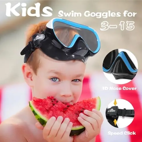 Freela Kids Swimming Goggles 4-16 yoshdagilar uchun burun qopqog'i bilan, tumanlanishga qarshi, sizmaydigan suzish niqobi 180° tiniq ko'rish plyaj hovuzi ko'zoynaklari - FREELA (1)