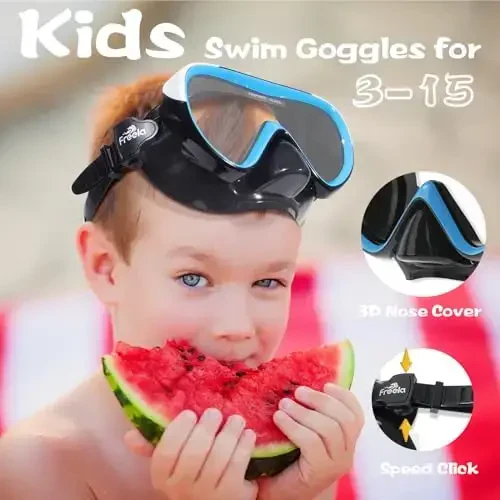 Freela Kids Swimming Goggles 4-16 yoshdagilar uchun burun qopqog'i bilan, tumanlanishga qarshi, sizmaydigan suzish niqobi 180° tiniq ko'rish plyaj hovuzi ko'zoynaklari - 7