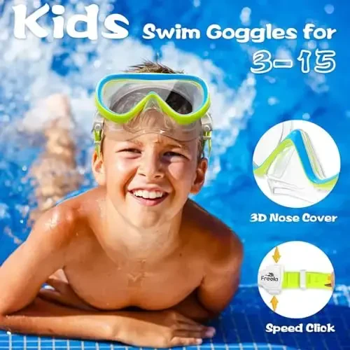 Freela Kids Swimming Goggles 4-16 yoshdagilar uchun burun qopqog'i bilan, tumanlashga qarshi, suv o'tkazmaydigan suzish niqobi 180° tiniq ko'rish plyaj hovuzi ko'zoynaklari - 5