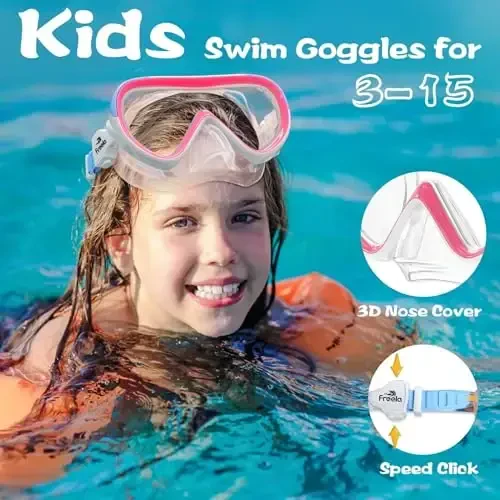 Freela Kids Swimming Goggles for 4-16 with Nose Cover, Anti-Fog No Leakage Swim Mask 180° Clear Vision Beach Pool Goggles - 4