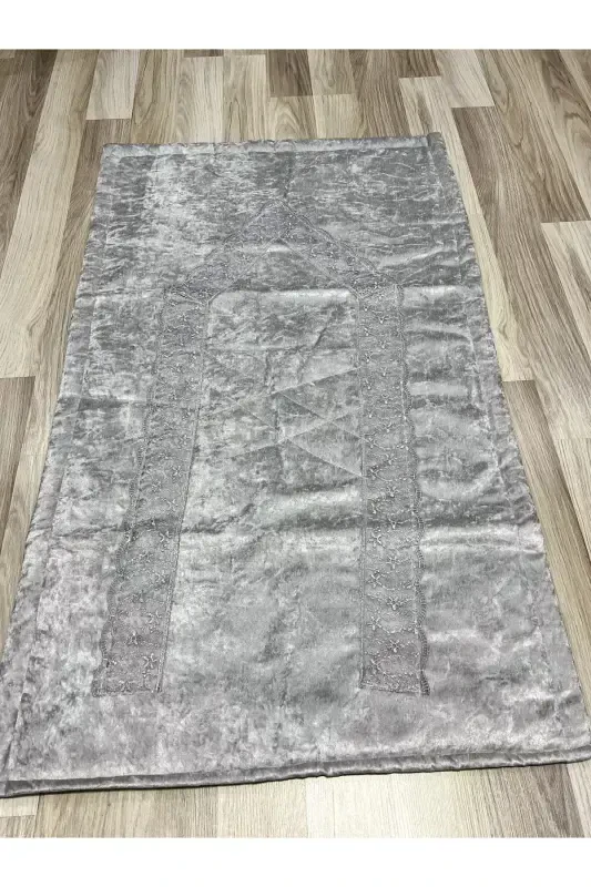 French Guipure Embroidered Velvet Bridal Set Prayer Rug-GRAY - 2
