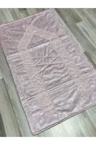 French Guipure Embroidered Velvet Bridal Set Prayer Rug-Pink - 1