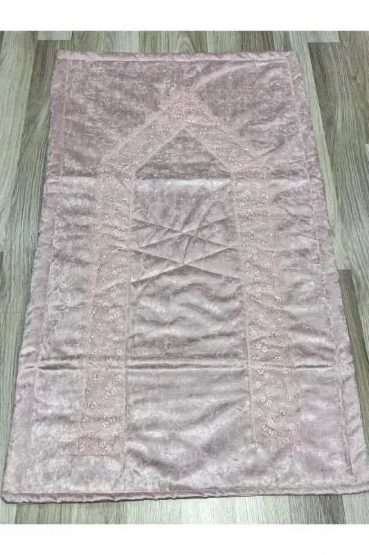 French Guipure Embroidered Velvet Bridal Set Prayer Rug-Pink - 2