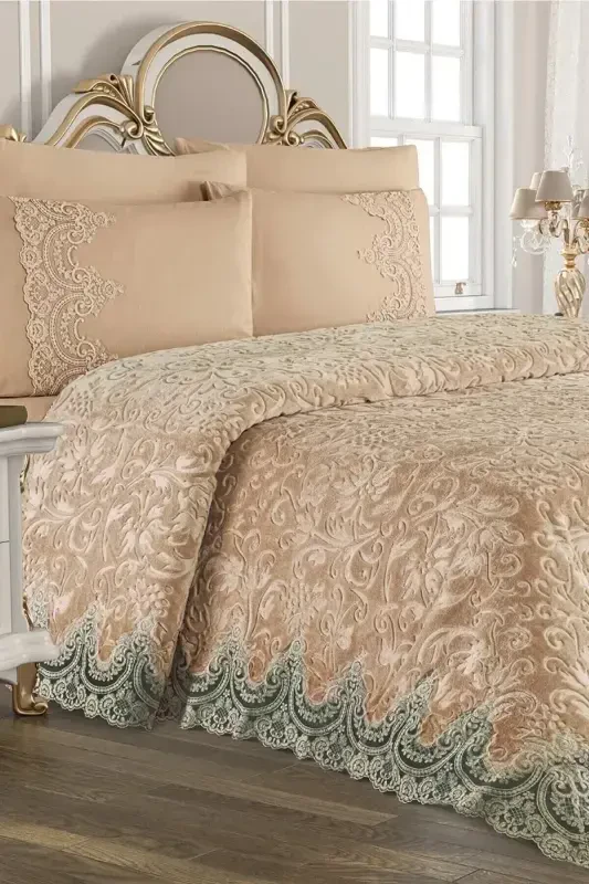 French Lace Blanket Bedspread Set Milk Coffee (UNBOXED) Blanket Set-MILK COFFEE - 1