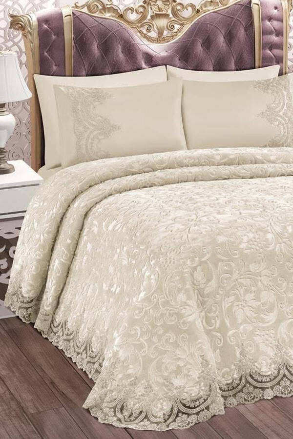 French Lace Double Bed Cream Blanket Set Dowry Bedding Set - 2