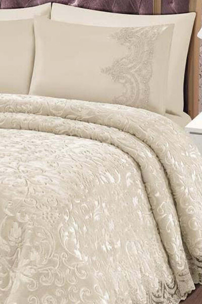 French Lace Double Bed Cream Blanket Set Dowry Bedding Set - 3