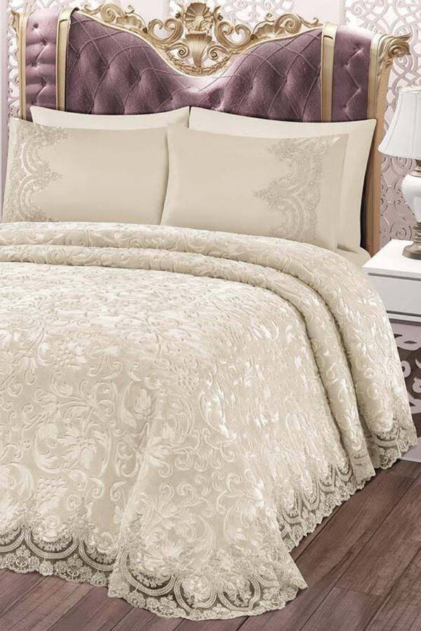 French Lace Double Bed Cream Blanket Set Dowry Bedding Set - 4