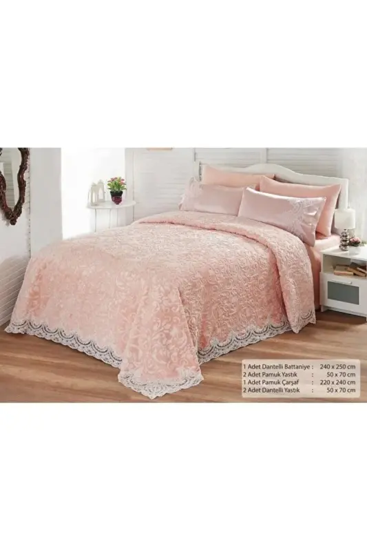 French Lace Double Blanket Set Dowry Bedspread Set (WITHOUT BOX) - Pink - 1