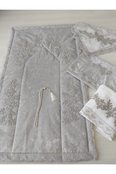 French lace velvet prayer rug set of 5 pieces, dowry gift box bridal set. - LAMAZIHOME