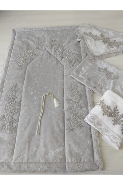 French lace velvet prayer rug set of 5 pieces, dowry gift box bridal set. - LAMAZIHOME