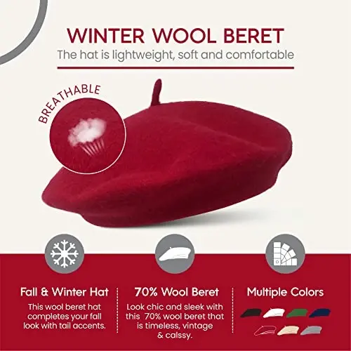 French Wool Beret Hat - Classic Stretchable - One Size Fits Most - Solid Color - Stylish Chic Parisian - 4