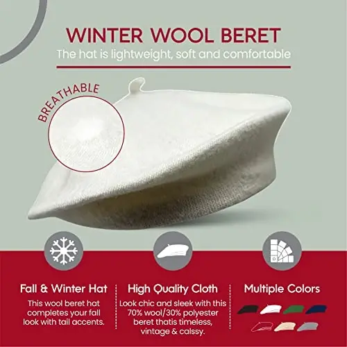 French Wool Beret Hat - Classic Stretchable - One Size Fits Most - Solid Color - Stylish Chic Parisian - 4