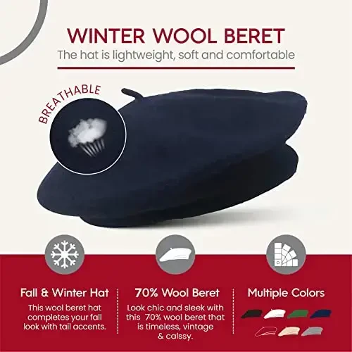 French Wool Beret Hat - Classic Stretchable - One Size Fits Most - Solid Color - Stylish Chic Parisian - 4