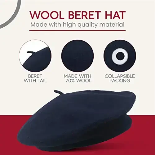 French Wool Beret Hat - Classic Stretchable - One Size Fits Most - Solid Color - Stylish Chic Parisian - 5
