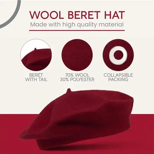 French Wool Beret Hat - Classic Stretchable - One Size Fits Most - Solid Color - Stylish Chic Parisian - 3
