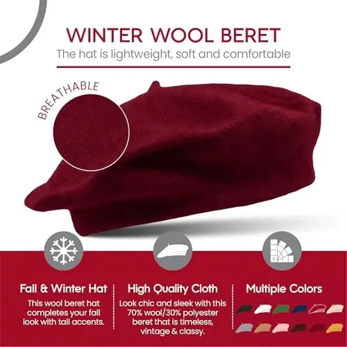 French Wool Beret Hat - Classic Stretchable - One Size Fits Most - Solid Color - Stylish Chic Parisian - 5