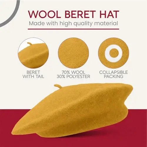 French Wool Beret Hat - Classic Stretchable - One Size Fits Most - Solid Color - Stylish Chic Parisian - 3