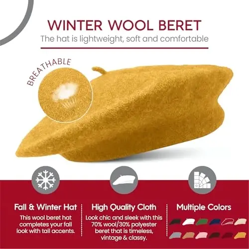 French Wool Beret Hat - Classic Stretchable - One Size Fits Most - Solid Color - Stylish Chic Parisian - 5