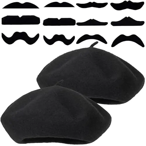 FrencModazonean Beret Women Men, Mustache Halloween Mime Costume Accessory Beanie Caps Classic Wool Winter French Hat Free Size - 1