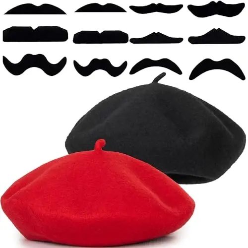 FrencModazonean Beret Women Men, Mustache Halloween Mime Costume Accessory Beanie Caps Classic Wool Winter French Hat Free Size 