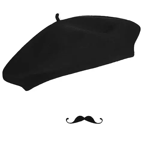 FrencModazonean Beret Women Men, Mustache Halloween Mime Costume Accessory Beanie Caps Classic Wool Winter French Hat Free Size - 1