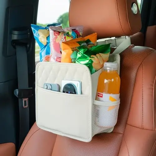 FrgKbTm Car Seat Back Hanging Bag Car Document Holder Multi-Pocket Bottle Bag Storage Box Organizer Travel Tidy Pouch Pocket Kids Beige - 1