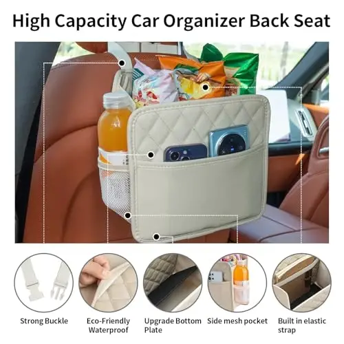 FrgKbTm Car Seat Back Hanging Bag Car Document Holder Multi-Pocket Bottle Bag Storage Box Organizer Travel Tidy Pouch Pocket Kids Beige - 3