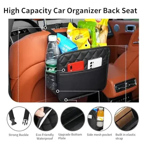 FrgKbTm Car Seat Back Organizer, Waterproof Car Backseat Organizer with Cup Holders Large Capacity Hanging Car Storage Bag for Phones Documents Cups Bottle Travel Compatible with Most Vehicles - 5