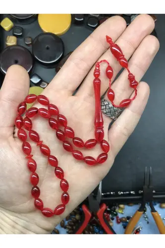 Friend Gift Rosary, Red Streaked Wooden Boxed Dust Amber Rosary-streakedred2 - KANUNİ TESBİH (1)