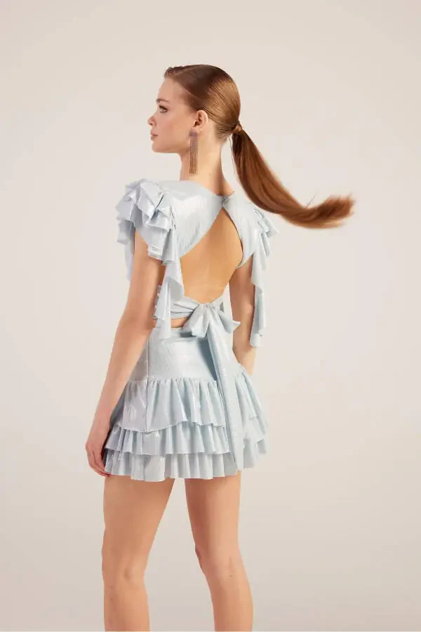 Frill Detail Skirt Blouse Nana Set Blue-Blue - 2