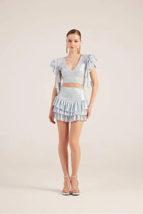 Frill Detail Skirt Blouse Nana Set Blue-Blue - 3